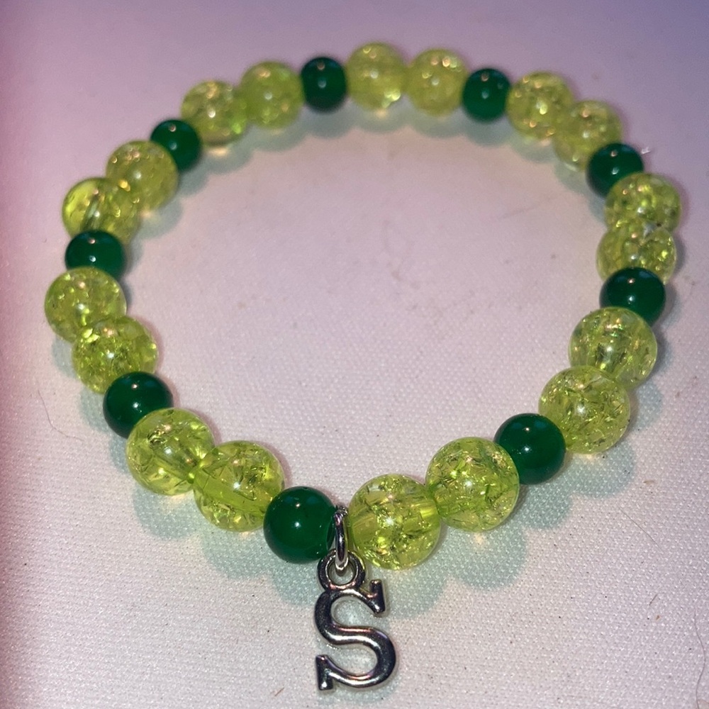 Green Glass Beaded Bracelet with S Charm